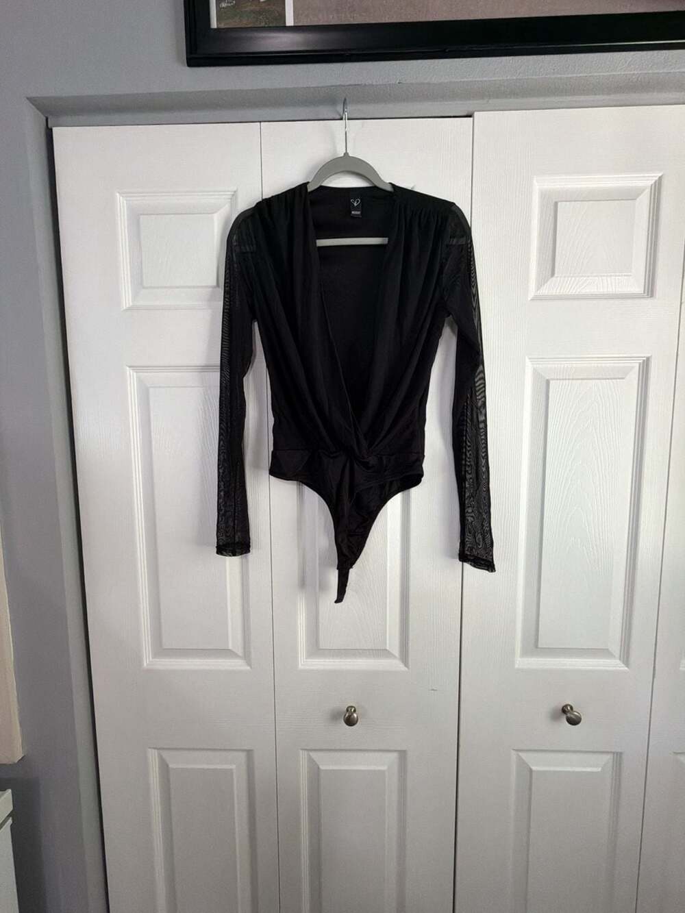 Windsor Black V-Neck Long Mesh Sleeve Wrap Bodysuit